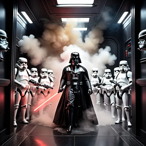 Prompt: Darth Vader bursting through the door of the rebel ship. Surrounded by stormtroopers and thick smoke.
32k resolution, molecular precision.