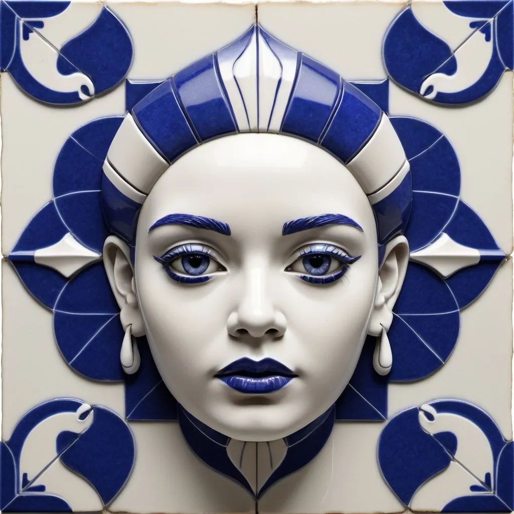 Prompt: Caldas da Rainha Azulejo Manufacture - Azulejo Art Deco, by Luis Duarte, Luis Duarte style, Face Portrait, Element Earth, blue and white shading, Caldas da Rainha style, Kintsugi, Datanoshing, Ink v3, NijiExpress 3D v2, Splash style, Abstract Art, Abstract Tech, 3D, High definition, Photo realistic, specified, CyberTech