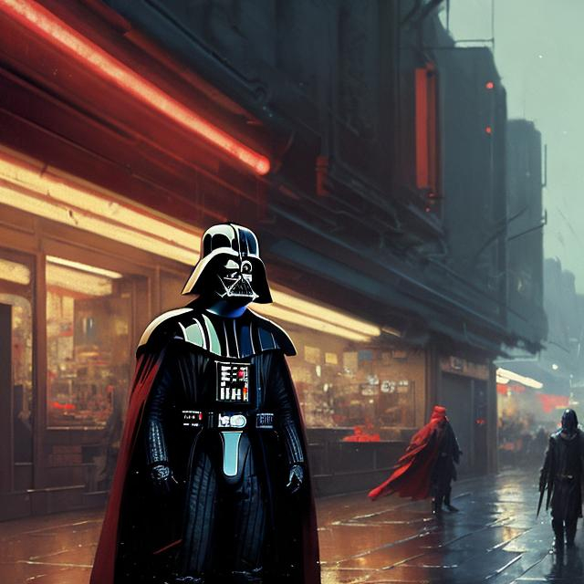 Prompt: darth vader wearing red armor and capes seen in a city, 4k resolution, sharp focus, insanely detailed, artistic, atmospheric, cinematic lighting, atmospheric, cinematic, pinterest, soft lighting, red details, acrylic painting, trending on pixiv fanbox, palette knife and brush strokes, style of makoto shinkai jamie wyeth james gilleard edward hopper greg rutkowski studio ghibli genshin impact