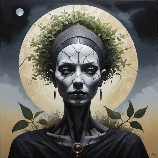 Prompt: "A stunning, surreal painting depicting a silhouette of Asajj Ventress formed from intertwining plants and stones. The cracked, weathered appearance of the silhouette adds a sense of age and mystery. The background features a dramatic, dark sky with a full moon casting a pale, ethereal light on the scene. The overall effect of the painting is a hauntingly beautiful blend of nature and the supernatural, painting"
Weight:1   

"Hyperrealistic, splash art, concept art, mid shot, intricately detailed, color depth, dramatic, 2/3 face angle, side light, colorful background, 32k resolution, molecular precision. ultra sharp focus."
Weight:0.9 