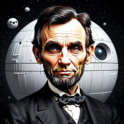 Prompt: Abraham Lincoln with enormous, cute-core, bulging googly eyes, death star in the background, 16k resolution