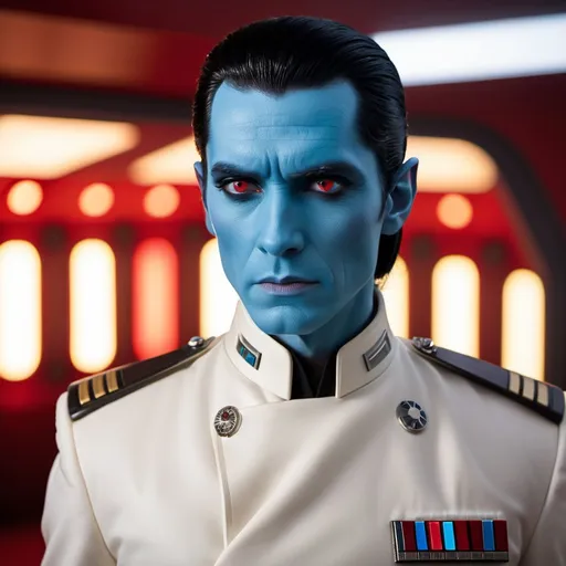 Prompt: "Thrawn (Star Wars) with blue skin and jet black hair, sharp focus on red eyes, dressed with white formal tunic with high collar, 85mm, hyper-realistic photo, nikon lens, shot on dslr 64 megapixels, dramatic above studio lighting, sharp focus portrait, bokeh museum background."
Weight:1   

"Professional photography, bokeh, natural lighting, canon lens, shot on dslr 64 megapixels sharp focus"
Weight:0.9  