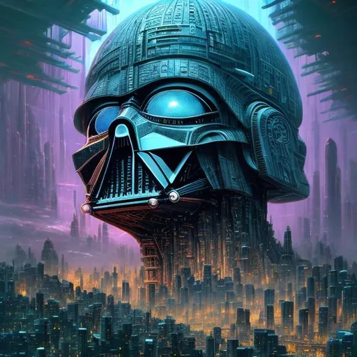 Prompt: Cybernetic Mind Metropolis, Colossal Darth Vader head envisioned by Pranckevicius reveals a cybernetic brain city, miniature urban sprawl nestled within, amazing insanely detailed intricacies, epic maximalist Ultra-high definition render by Sophia Lee unveils a cerebral realm
