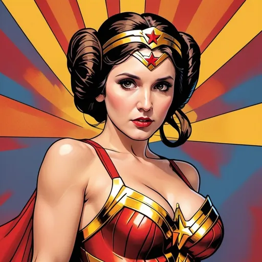 Prompt: Pop Art style comic. Bright colors, (best quality:1.2),(masterpiece:1.2),(absurdres:1.2),(cinematic:1.4),(depth of field),(looking at viewer), autumn, Princess Leia in Wonder Woman costume including golden Wonder Woman tiara and red Wonder Woman bustier, incredibly well endowed, buxom, skimpy skirt. 32k resolution, molecular precision, ultra sharp focus.