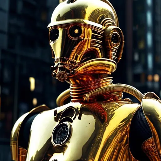 Prompt: C3PO wearing golden stormtrooper head with intricate mech details, ground level shot, 8K resolution, Cinema 4D, Behance HD, polished metal, Unreal Engine 5, rendered in Blender, sci-fi, futuristic, trending on Artstation, epic, cinematic background, dramatic, atmospheric intricate mech details, ground level shot, 8K resolution, Cinema 4D, Behance HD, polished metal, Unreal Engine 5, rendered in Blender, sci-fi, futuristic, trending on Artstation, epic, cinematic background, dramatic, atmospheric graffiti art, splash art, street art, spray paint, oil gouache melting, acrylic, high contrast, colorful polychromatic, ultra detailed, ultra quality, CGSociety