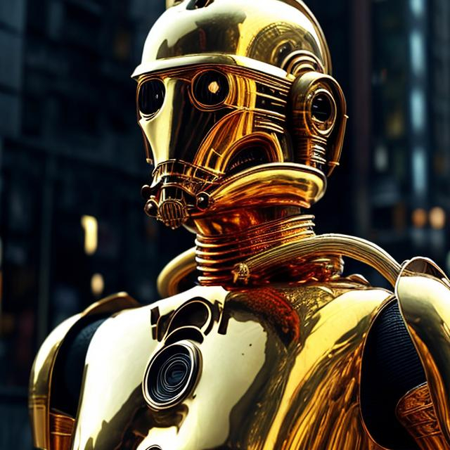 Prompt: C3PO wearing golden stormtrooper head with intricate mech details, ground level shot, 8K resolution, Cinema 4D, Behance HD, polished metal, Unreal Engine 5, rendered in Blender, sci-fi, futuristic, trending on Artstation, epic, cinematic background, dramatic, atmospheric intricate mech details, ground level shot, 8K resolution, Cinema 4D, Behance HD, polished metal, Unreal Engine 5, rendered in Blender, sci-fi, futuristic, trending on Artstation, epic, cinematic background, dramatic, atmospheric graffiti art, splash art, street art, spray paint, oil gouache melting, acrylic, high contrast, colorful polychromatic, ultra detailed, ultra quality, CGSociety