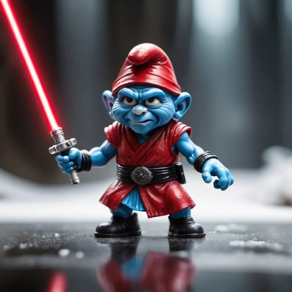 Prompt: "A close-in cinematic film still of an aggressive and agitated Papa Smurf wearing sith armor, wielding a red lightsaber."
Weight:1  

"HDR, tilt shift, clear ice, rich detail, hyper-detail, insanely detailed, photorealistic, 64 Megapixels, shot on DSLR, sharp focus, bokeh, 32k resolution, molecular precision."
Weight:0.9