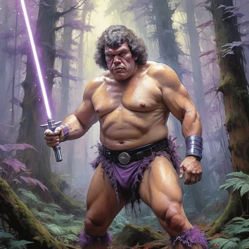 Prompt: "Andre the Giant dressed as He-Man wielding a purple lightsaber. Dark forbidding forest, Arthur Rackham style, by Carne_Griffiths, Jean Baptiste Monge, Michael Garmash, David LaChapelle, Olivia Bee, Herman, anime style, beautiful colorful detailed complex"
Weight:1 
"ethereal fantasy hyperdetailed mist Thomas Kinkade" 
Weight:0.9