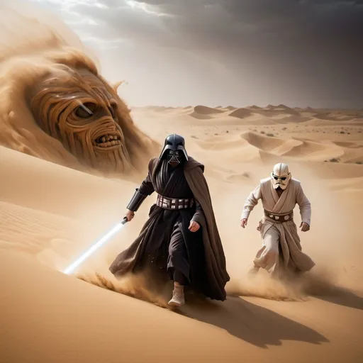 Prompt: very dark focused flash photo, amazing quality, masterpiece, best quality, hyper detailed, ultra detailed, UHD, perfect anatomy, portrait, dof, hyper-realism, majestic, awesome, inspiring, Capture the thrilling showdown between the ancient Old Ben Kenobi mummy and the colossal sand vader in an epic battle amidst swirling dust and desert sands. Embrace the action and chaos as these formidable forces clash in the heart of the dunes. cinematic composition, soft shadows, national geographic style