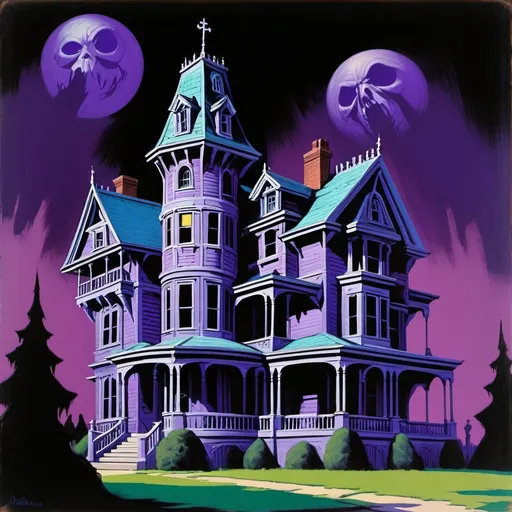 Prompt: 1980s horror paperback painted artwork of a nightmarish gigantic haunted mansion, up close on Darth Sidous, retro horror painting, purple and blue, 32k resolution, molecular precision.