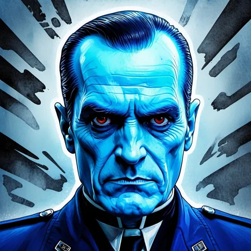 Prompt: Gothic punk Grand Admiral Thrawn (COMPLETELY BLUE SKIN!, TOTALLY RED EYES!), futuristic, caricature,  watercolor, ink and pen, distressed texture, surrealism,  muted colors, chaos, storm rain wind, creepy, 32k resolution, molecular precision. ultra sharp focus.