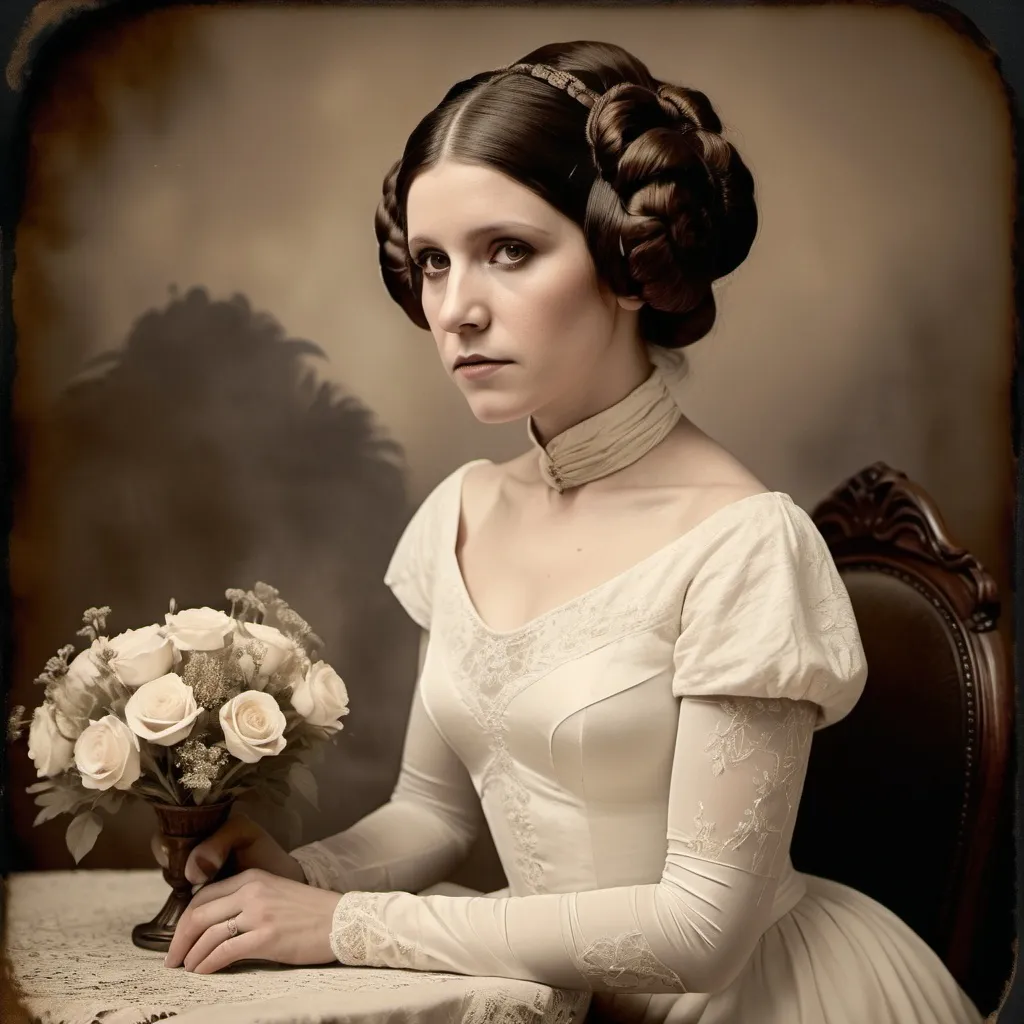 Prompt: A tintype photograph of a Victorian style androgynous Princess Leia, posing next to a table with a bouquet of flowers, wearing a traditional Victorian era wedding dress. 32k resolution, molecular precision, ultra sharp focus.