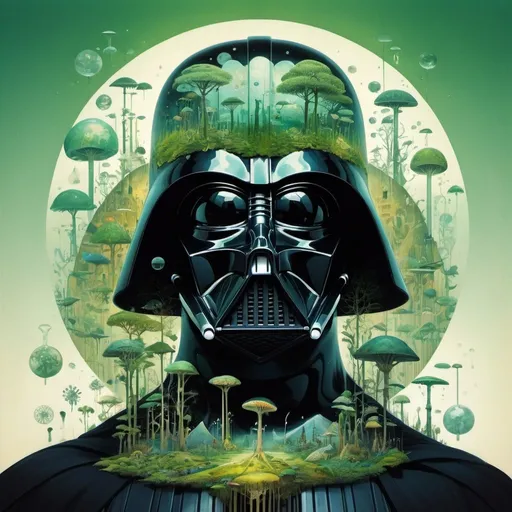 Prompt: Science, embodiment of science, portrait, mindscape of Darth Vader, ecology, physics, chemistry, mycology, mathematics, green glowing, double exposure collage art illustration, silhouette art, fantasy, vibrant, surrealism, hyperdetailed, hypermaximalist illustration by Gediminas Pranckevicius, Victo Ngai, Hokusai, Salvator Dali, Andreas Lie, Android Jones