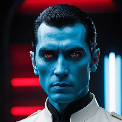 Prompt: "Thrawn (Star Wars) with blue skin and jet black hair, sharp focus on red eyes, dressed with white formal tunic with high collar, 85mm, hypper-realistic photo, nikon lens, shot on dslr 64 megapixels, dramatic above studio lighting, sharp focus portrait.""
Weight:1   

"Professional photography, bokeh, natural lighting, canon lens, shot on dslr 64 megapixels sharp focus"
Weight:0.9  