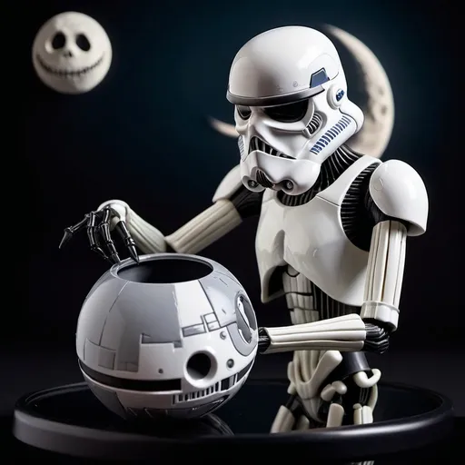 Prompt: jack skellington (1.3) holding stormtrooper helmet (1.1), huge moon, 32k resolution, molecular precision, ultra sharp focus.
