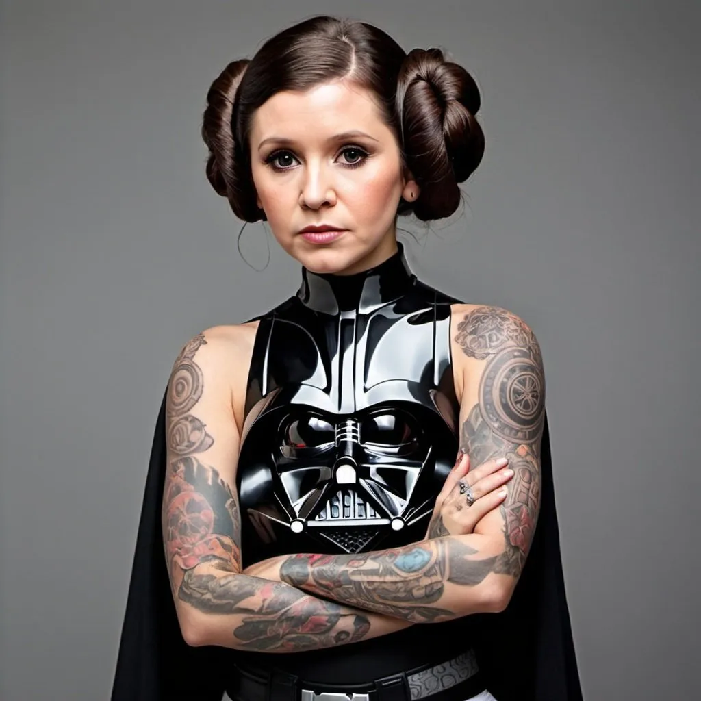 Prompt: Princess Leia with a tattoo of Darth Vader on her shoulder. She is standing in a  power pose.
