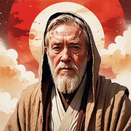 Prompt: Old Ben Kenobi, A detailed illustration muted chinese ink painting, muted colors, rice paper texture, splash paint, halo ai, one human, one red sun. Venus. Space. Clouds wet to wet techniques. vibrant vector. using Cinema, 32k resolution, molecular precision.