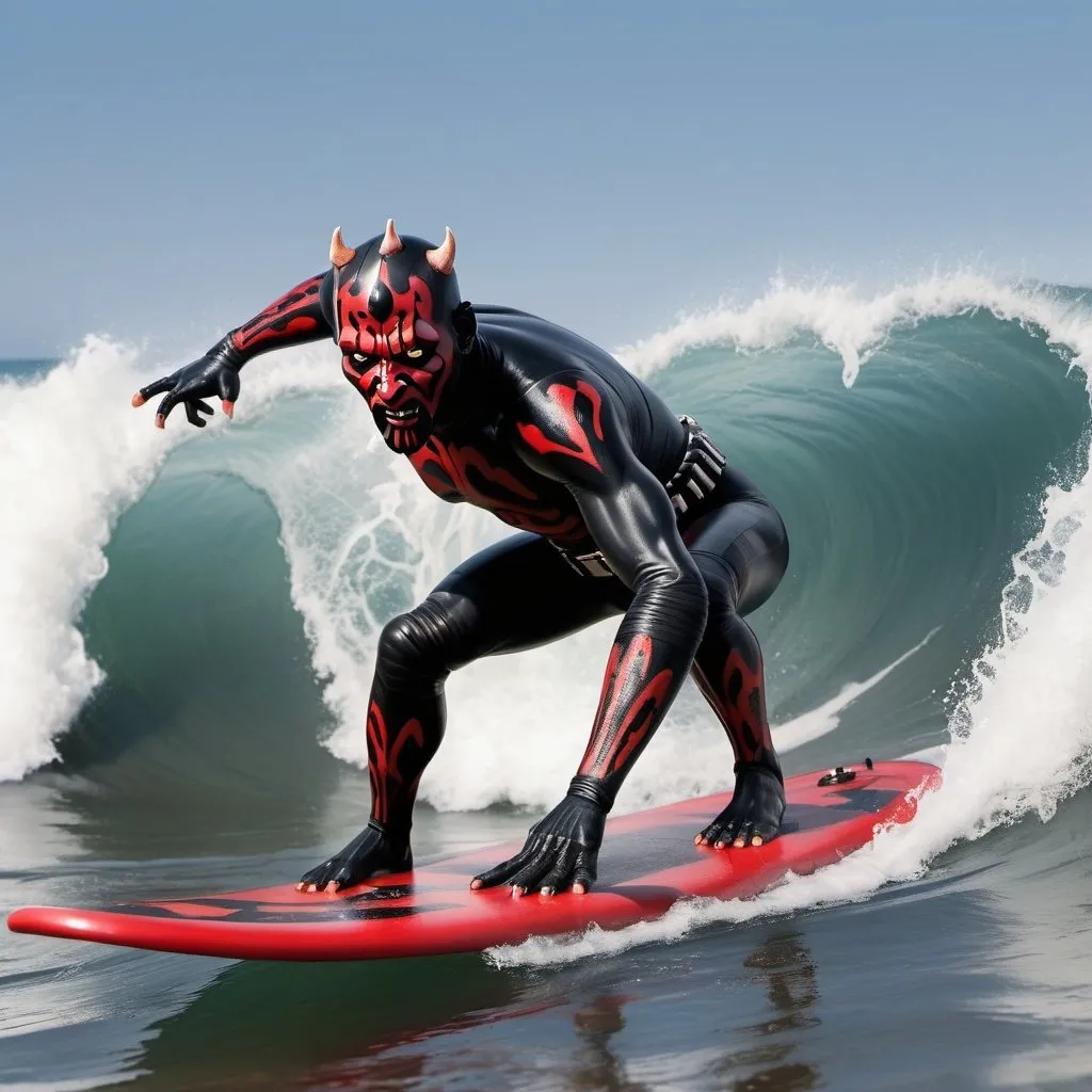 Prompt: The image features Darth Maul riding a wave on a surfboard. He is skillfully navigating the wave, showcasing his surfing abilities. He is wearing a wetsuit, which provides him with the necessary protection and flexibility while surfing. The surfboard he is riding is positioned in the center of the image, with Darth Maul standing on it and maintaining his balance as he enjoys the thrill of the wave, highly detailed, 8k sharp focus, photorealism