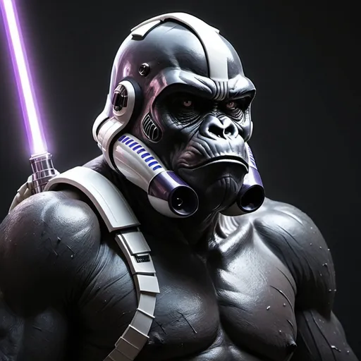 Prompt: Silverback Gorilla wearing white stormtrooper chest plate and shoulder armor. The gorilla is wielding a purple lightsaber. 
Masterpiece, shadows, expert, insanely detailed, 8k resolution, intricate detail, 
agnes cecile, andy fairhurst, coby whitmore, caravaggio, by pascal blanche rutkowski 
repin, hyperrealism painting concept art of detailed character design matte painting, perfect composition, beautiful detailed intricate insanely detailed octane render trending on artstation, 8k artistic photography, photorealistic concept art, soft natural volumetric cinematic perfect light, chiaroscuro, award - winning photograph, masterpiece, oil on canvas, raphael, caravaggio, greg rutkowski, beeple, beksinski, giger