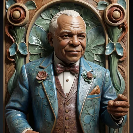 Prompt: "Sidney Bechet, ((Ceramic, Full Figure, Art-Nouveau, vibrant, creative genius))":"HDRI, Detailed, ((Alto-relievo Carving with Insanely Detailed Detailed Underglaze)), Natural Colours""
Weight:1   

"detailed matte painting, deep color, fantastical, intricate detail, splash screen, complementary colors, fantasy concept art, 32k resolution trending on Artstation Unreal Engine 5"
Weight:0.9 