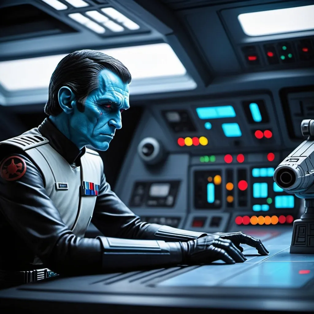 Prompt: "Design a 3D scene featuring Thrawn on the bridge of an Imperial Star Destroyer (Empire Strikes Back) commanding his crewmen. Use soft lighting to enhance the serene and magical ambiance." 
Weight:1.6
"High contrast, depth of field, beautiful color, intricate detail,
Miki Asai Macro photography, close-up, hyper detailed, trending on artstation, sharp focus, studio photo, intricate details, highly detailed, by greg rutkowski, 16k Resolution, HDR, UHD."
Weight:1.4