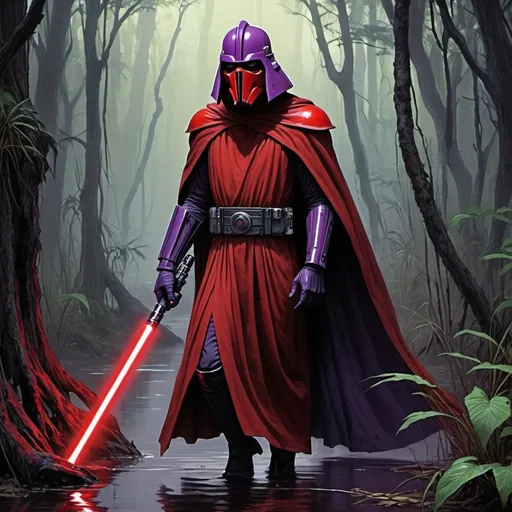 Prompt: dark Jedi wearing a faceless red mask inspired by Corinthian helmets, red stormtrooper armor plating, dark purple cape, purple lightsaber, walking the murky swamps of Dagobah, ominous, dreadful, evil. foreboding. perry rhodan art