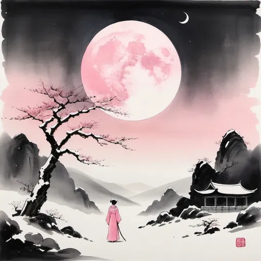 Prompt: Chinese ink painting, minimalism,(Mon Mothma far away), snow, moon, night time, pink hue