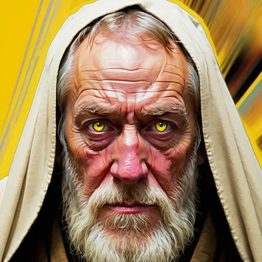 Prompt: Glitch Art, Art image of Old Ben Kenobi, yellow eyes, sulky, wicked, has a wild look about him, 1901 north England setting 32k resolution, molecular precision, ultra sharp focus.