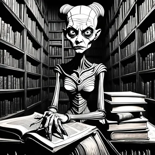 Prompt: Art brut line art style. A disturbingly strange wiry Asajj Ventress with exaggerated features, leaning on a stack of old books in an ancient magical library. Sepia tone. Tim Burton, twisted, bent, ugly, scary. Salvador Dali, surreal, weird, crazy, sinister. Sharp, focused, vibrant, clear image, high contrast