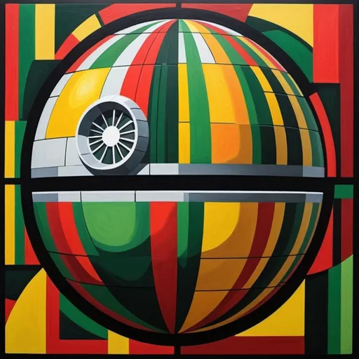 Prompt: Death Star painting in cubism style with red and yellow and green panels. It should be in outer space with gold stars and red starships