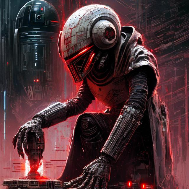 Prompt: Sith star wars detective in red white and black coat and suit crouched down next to a droid, galactic empire art, glowing imperial destroyer background, dark hair, dark space fantasy, intricate details, hyper detailed, Jean Baptiste Monge, Carne Griffiths, Michael Garmash, seb McKinnon, masterpiece