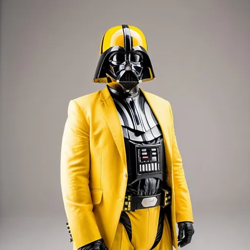 Prompt: A yellow Darth Vader wearing yellow suit. Darth Vader is colored yellow. He stands in a studio background, Clean, yellow