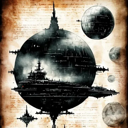 Prompt: old book style ink illustration, on parchment, ink splashes, ink stains, ink smears, faded ink,  (Grand Admiral Thrawnr:1.2), (futuristic:1.5), Death Star docking bay, glass, fog, moon, in the clouds, TIE Fighters, futuristic transport, fractals, night, gloomy tones, mentixis, linquivera