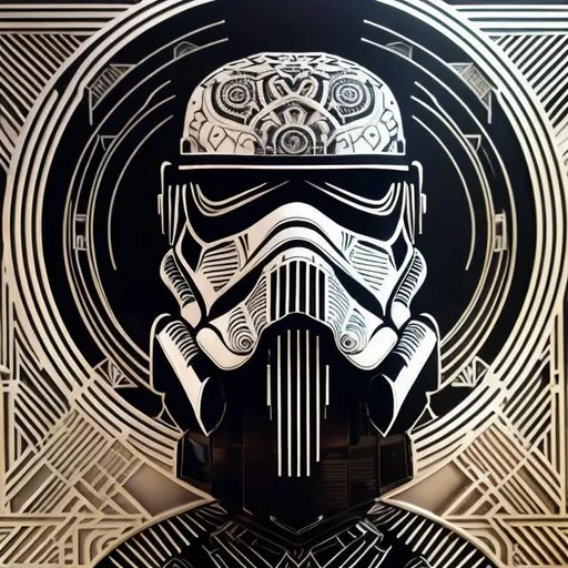 Prompt: "Full Body Shot of death trooper (Star Wars, Rogue One), Intricate and geometric designs inspired by the Mandala Art Deco movement's iconic shapes and patterns with stylish illustrations showcasing the sleek glamour and sophistication synonymous with Art Deco architecture and fashion and Detailed portrayals of Mandala Art Deco interiors, emphasizing the lavishness and modernity of the era, hyperdetailed by Carl Krull" Weight:1 "ugly, tiling, poorly drawn hands, poorly drawn feet, poorly drawn face, out of frame, extra limbs, disfigured, deformed, body out of frame, blurry, bad anatomy, blurred, watermark, grainy, signature, cut off, draft" Weight:-0.3 "detailed matte painting, deep color, fantastical, intricate detail, splash screen, complementary colors, fantasy concept art, 8k resolution trending on Artstation Unreal Engine 5" Weight:0.9