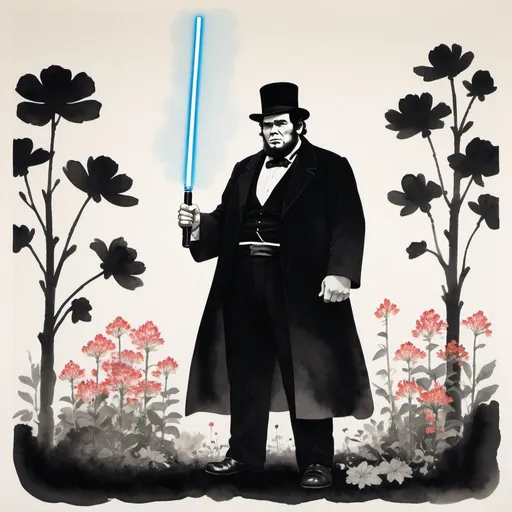 Prompt: Chinese ink painting, minimalism, Andre the Giant with an Abraham Lincoln beard, wearing a stovepipe hat holding and wielding a lightsaber, flower garden, large negative space