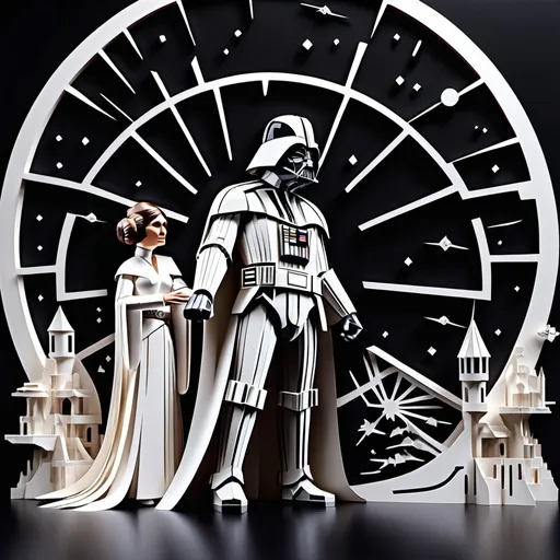 Prompt: 3d Kirigami art of (Darth Vader and Princess Leia embracing: 2.3). Intricately detailed. Layered. Colorful. Papercraft, paper-cut art. Captivating. Spectacular. Complex. Highly saturated, vivid. Black background. Sparkle. High contrast.
32k Resolution, molecular detail, ultra sharp focus. 