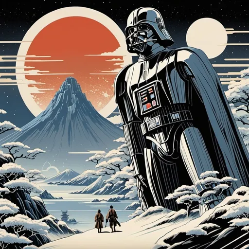 Prompt: star wars, empire strikes back poster, (in ukiyo-e style:1.2), 32k resolution, molecular precision, intricate details, beautiful shadowing