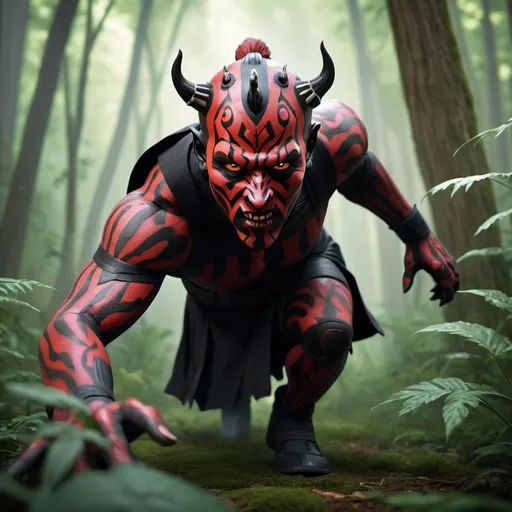 Prompt: A hyper-realistic 3D image of Darth Maul charging towards the camera in a densely detailed forest. The image features a long exposure zoom blur effect, emphasizing the speed and power of the lion as it moves. The forest around the lion is intricately detailed with various types of trees, rich undergrowth, and scattered light rays p*netrating through the foliage. The setting is designed to be ultra-realistic with a deep focus on texture and detail, rendered in high-resolution 32K