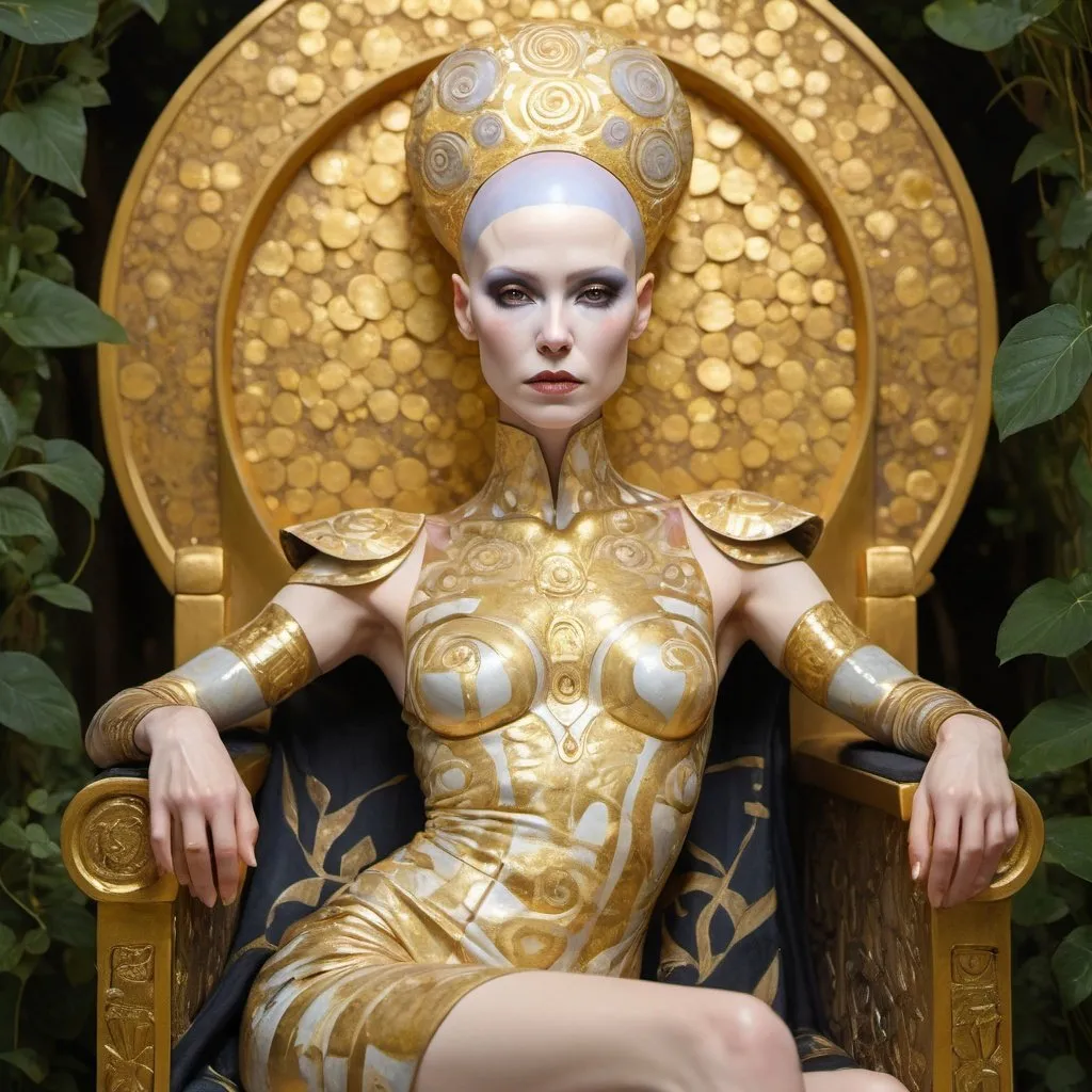 Prompt: Gustav Klimt's style, pastel and gold leaf,  sublime, perfect, magnificent completely bald Asajj Ventress (perfect face:1.5) is seated on a golden throne that blends seamlessly into the garden. The throne is decorated with the same intricate patterns as her robes, and the gold leaf shimmers against the lush greenery. 32k resolution, molecular precision.