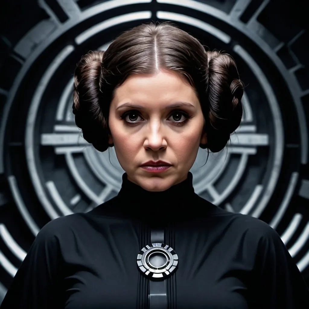 Prompt: Princess Leia Organa, solo, (style-swirlmagic:0.8), stylized collage, symmetrical, upper body, looking away, detailed background, detailed face, determination confidence, scowling bad temper, investigator of the unknown, tattered camera gear, gloves, dark color scheme, ancient apocalyptic prophecy, psychological struggle, Darth Vader in background, low light, early 20th century mysterious noir atmosphere, 32k resolution, molecular precision, ultra sharp focus.