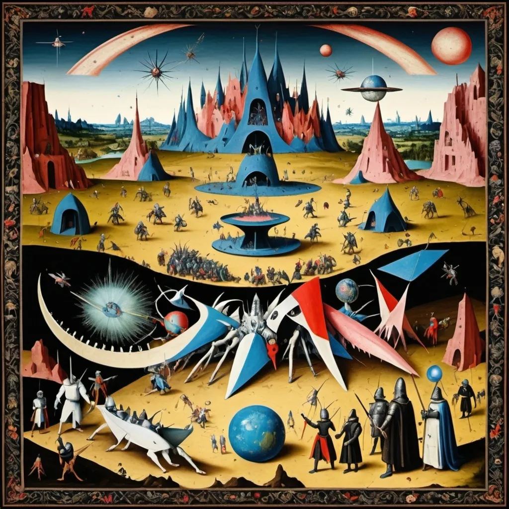 Prompt: "Great battle of the Martian city", by Hieronymous Bosch, knights fighting aliens, sci fi, spacecore, medieval tapestry, symmetry, maximalism, ominous, hyperdetailed, surreal, elegant needlepoint, stationery, 8K resolution 64 megapixels, Epic, perfect composition, fantastical, elemental, cosmic, dreamcore, Biblical art, awe, beautiful, Hyperdetailed, intricate details, magnificent, expansive, 32k resolution, molecular precision, ultra sharp focus.