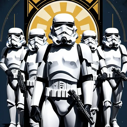 Prompt: Art Deco Poster Style, Detailed, dull blue black yellow poster colors, Army Poster for the Star Wars Empire featuring Storm Troopers