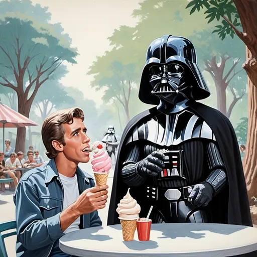 Prompt: Fonzie (Happy Days) and Darth Vader (A New Hope) eating ice cream, background zoo, gouache detailed painting, 1950s