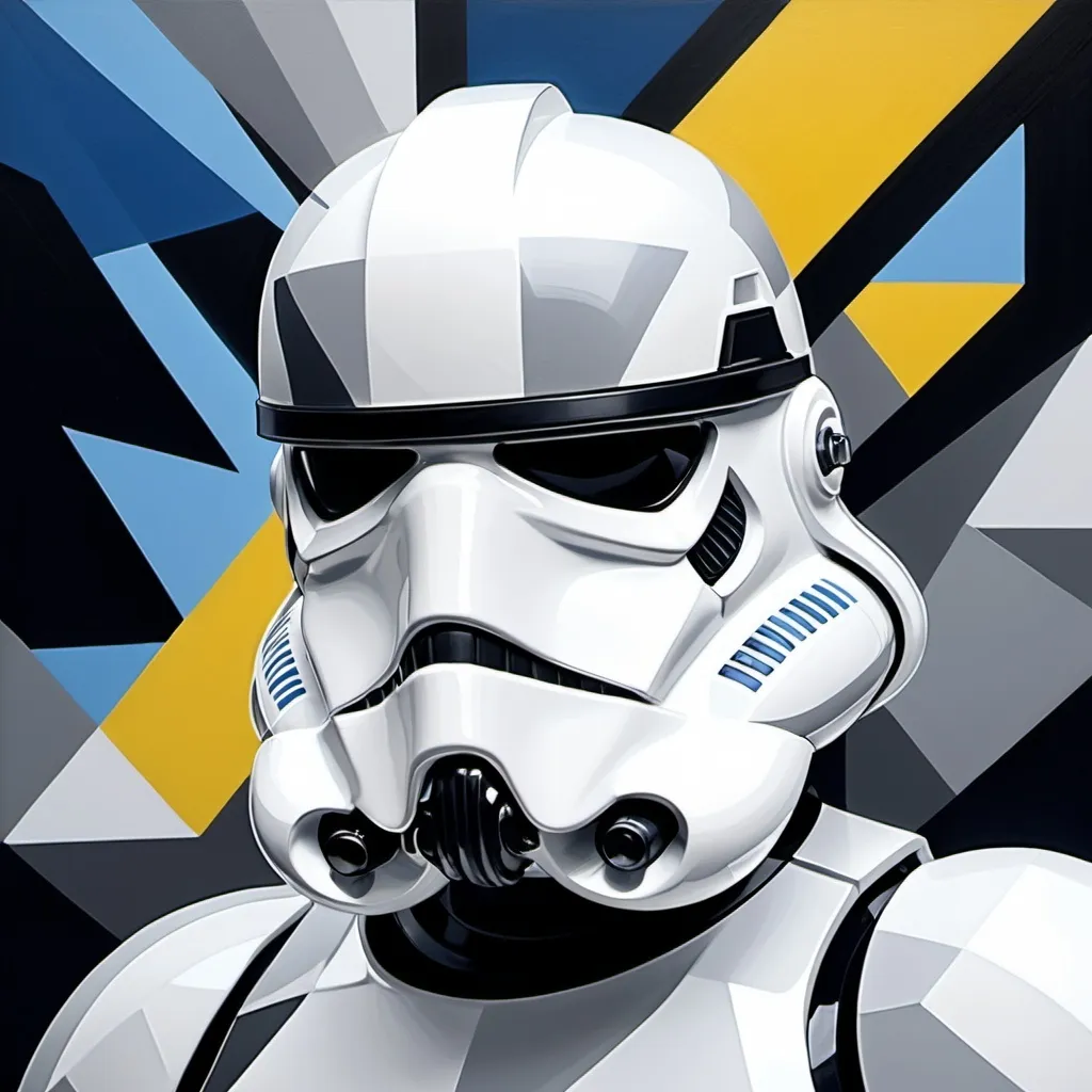 Prompt: shades of blue, black, grey, white, yellow, rebellion of thoughts, new challenges, new found objectives, new found self appreciation, Stormtrooper's profile, cubist painting, Neo-Cubism, layered overlapping geometry, art deco painting, Dribbble, geometric fauvism, layered geometric vector art, maximalism; V-Ray, Unreal Engine 5, angular oil painting, DeviantArt, 32k resolution, molecular precision, ultra sharp focus.