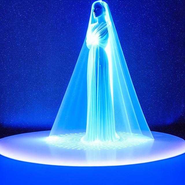 Prompt: The image of a woman projected from a blue light onto a pedestal with beams connecting presenting a 3D form where none exists. Like a Star Wars hologram