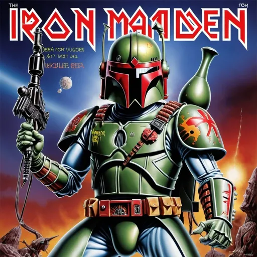 Prompt: Iron Maiden album cover by Derek Riggs, Boba Fett as Eddie, 32k resolution, molecular precision, ultra sharp focus.

