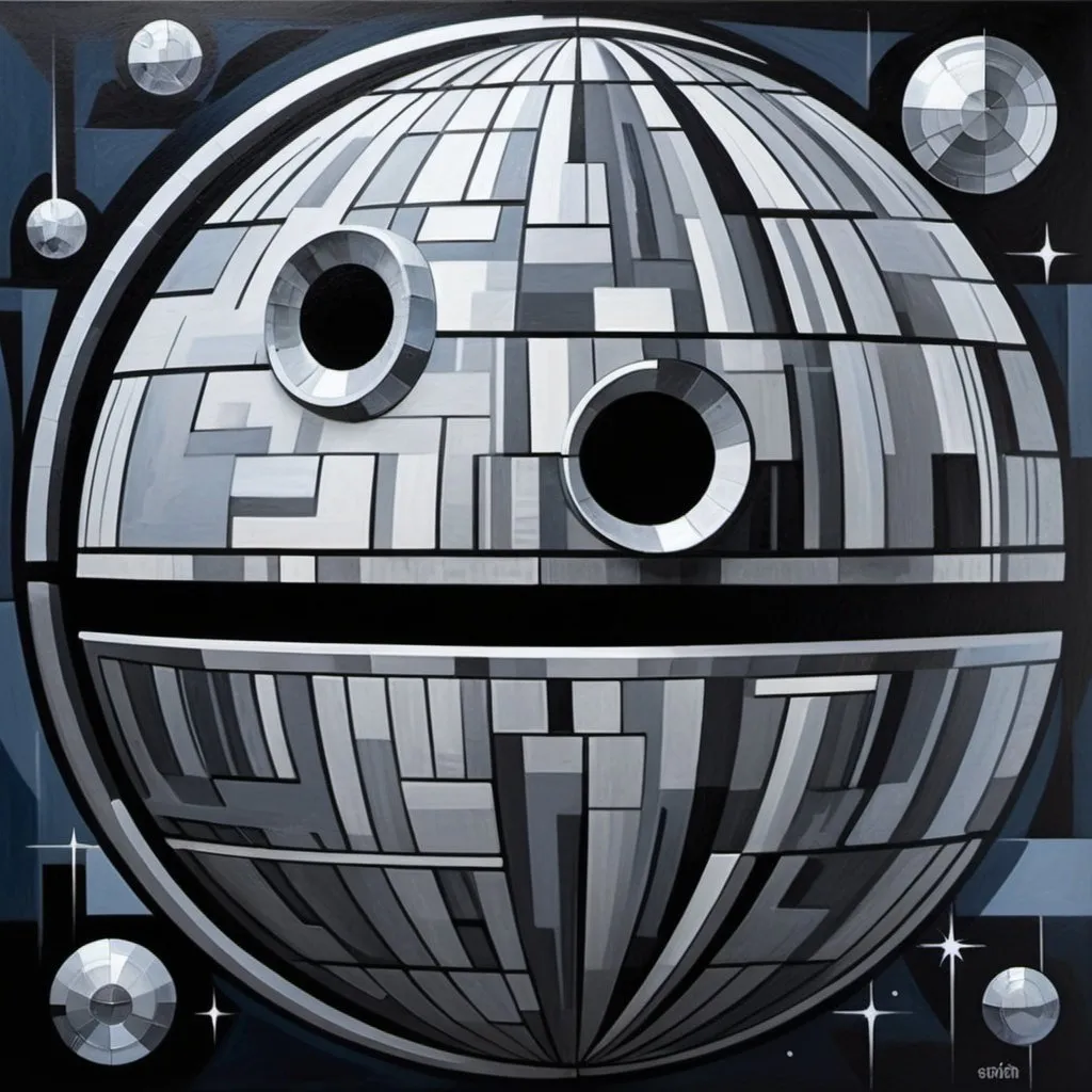 Prompt: Death Star painting in cubism style with silver and gray. It should be in outer space with gold stars on a dark blue expanse