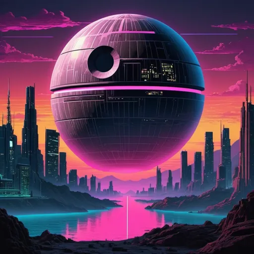 Prompt: "Design a vibrant vaporwave artwork featuring a mix of 80s-90s pop culture, neon cityscapes, anime influences, and classical Greek art. Death Star from Star Wars looms on the horizon. Sunset. Emphasize contrasting colors, digital motifs, and a dreamlike atmosphere. The artwork should capture the essence of vaporwave with an emphasis on retro nostalgia and futuristic fantasy."
Weight:1   

"detailed matte painting, deep color, fantastical, intricate detail, splash screen, complementary colors, fantasy concept art, 16k resolution trending on Artstation Unreal Engine 5"
Weight:0.9   