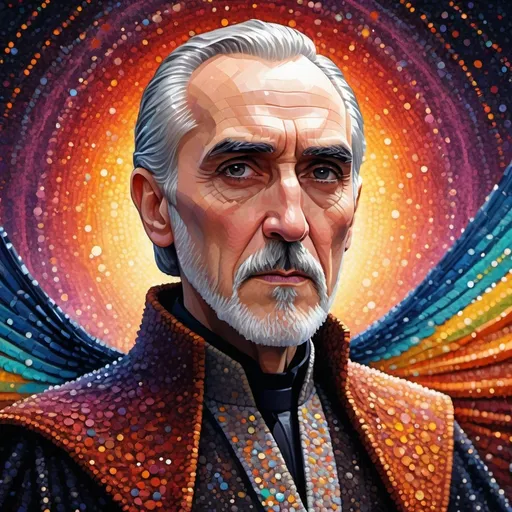 Prompt: A whimsical, Seurat-inspired pointillist portrait of a fantastical, winged Count Dooku, shimmering with tiny, luminous dots.". 32k resolution, molecular precision, ultra sharp focus.