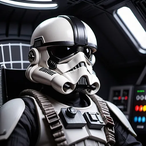 Prompt: "Design a 3D scene featuring a full body shot TIE Fighter Pilot (A New Hope) sitting in the cockpit of his TIE Fighter (A New Hope). Use soft lighting to enhance the serene and magical ambiance." 
Weight:1.6
"High contrast, depth of field, beautiful color, intricate detail,
Miki Asai Macro photography, close-up, hyper detailed, trending on artstation, sharp focus, studio photo, intricate details, highly detailed, by greg rutkowski, 16k Resolution, HDR, UHD."
Weight:1.4